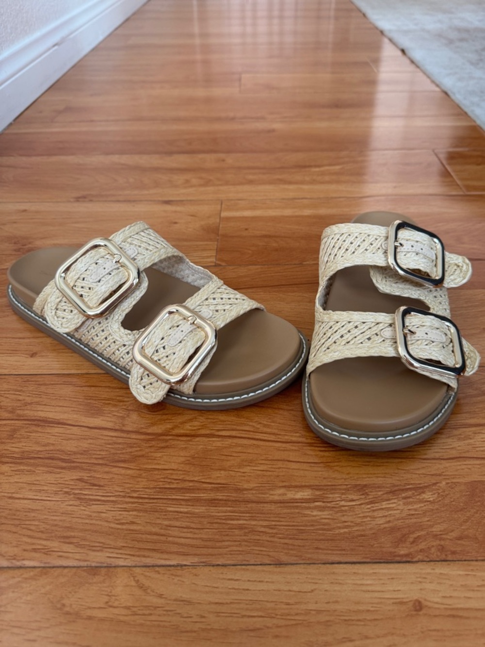 Universal Thread Cream Raffia Double-Buckle Slide Sandals